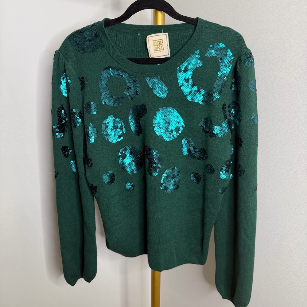 Emily Mccarthy Emerald Green Leopard Print Sequin Sweater